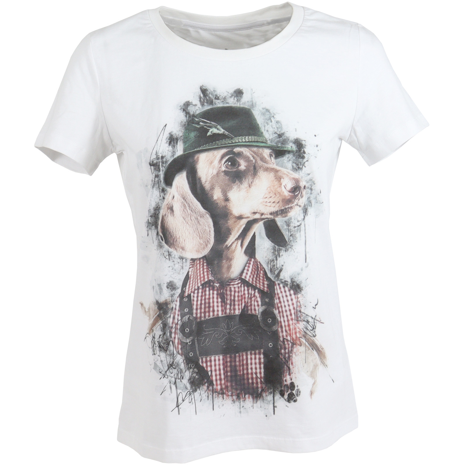 ALMTRACHT T-Shirt Damen Dackel mit Hut, weiß